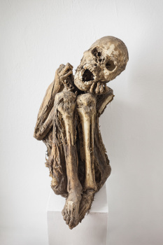 HUARAZ, PERU - MAY 29, 2015: Mummified human corpse in Huaraz Museum in Peru.