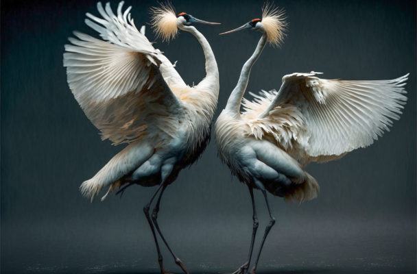 Crane courtship dance. Generative AI.